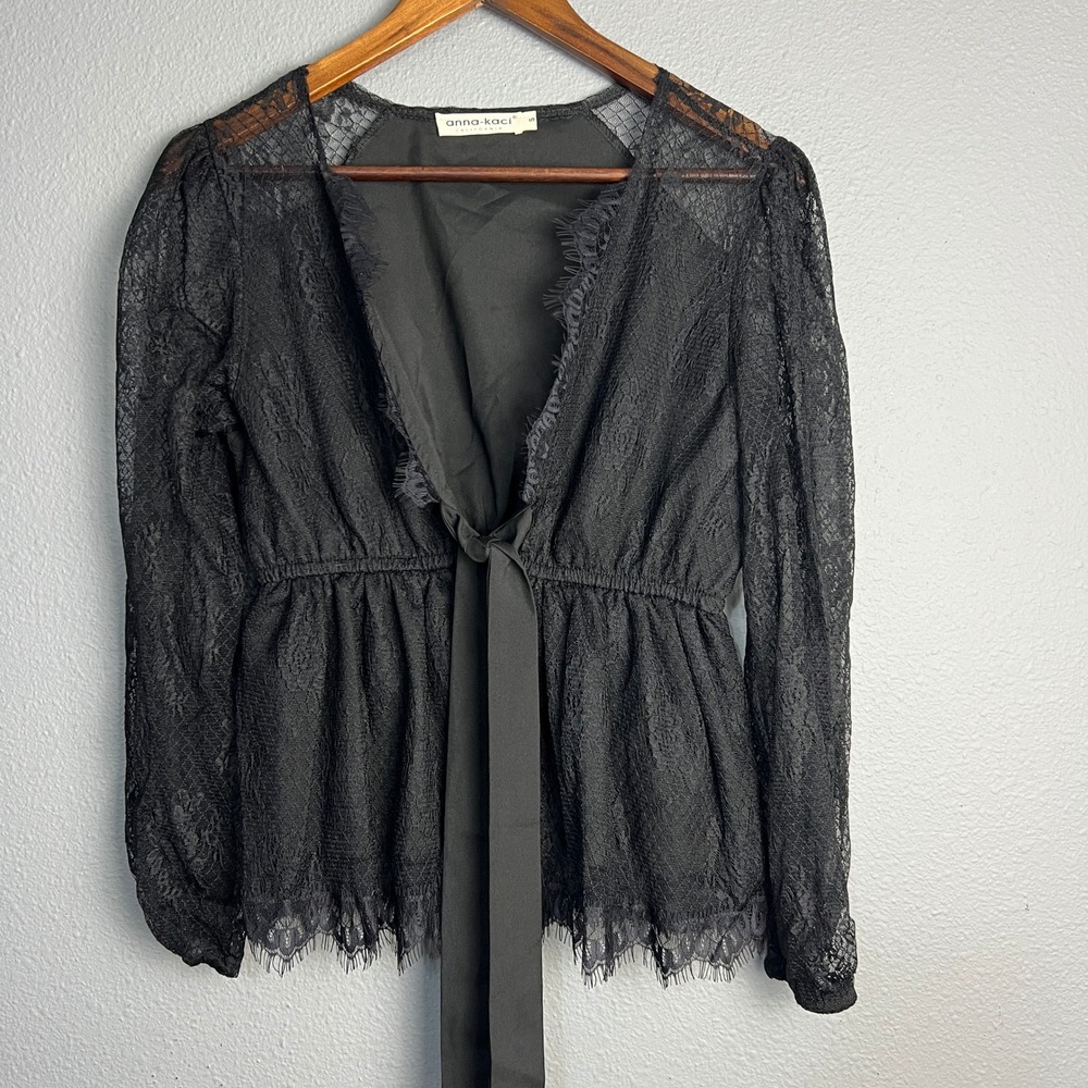Anna-Kaci Peplum Gothic Chic Lace Whimsigoth Blouse Tie Front Sheer Black Size S
